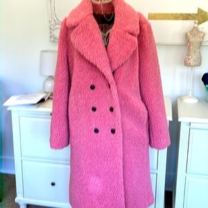 J Crew Teddy Bear Boucle Pink Coat w/double breasted black buttons long sleeve